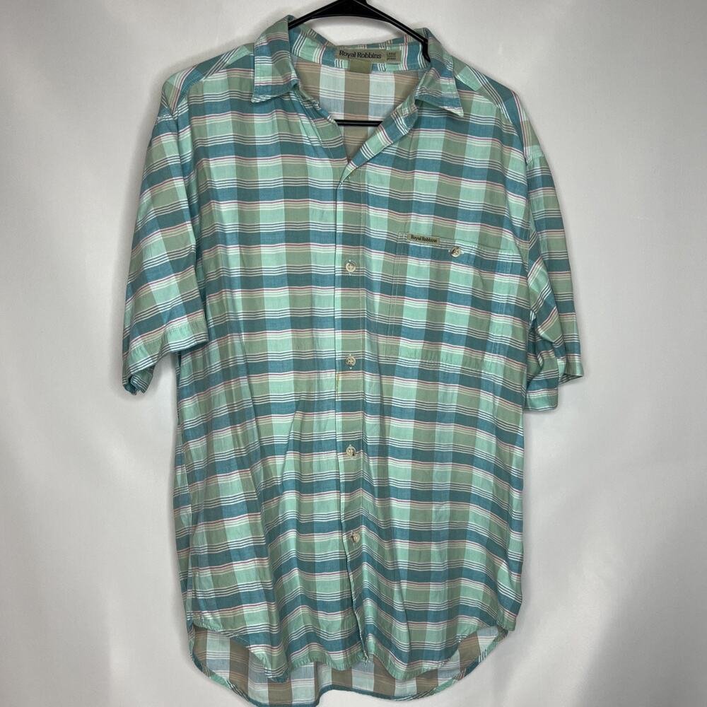 Royal Robbins Mens Large Short Sleeve Button Up Shirt Plaid 100% Cotton Vintage